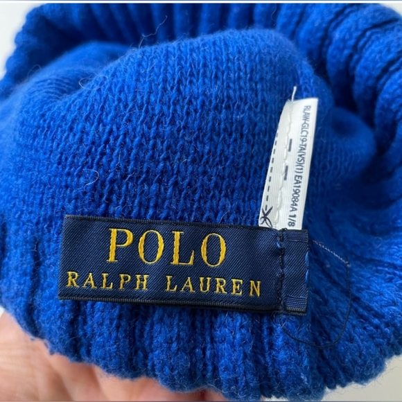 Polo Ralph Lauren Hat Knit Wool Blend Red Blue Pom Pom Beanie USA Print Out - Picture 2 of 3